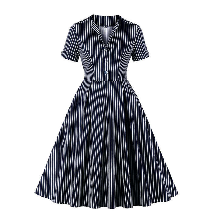 Fashion Striped Stand-up Collar Short Sleeve High Waist Buttons Midi Swing Dress N20945