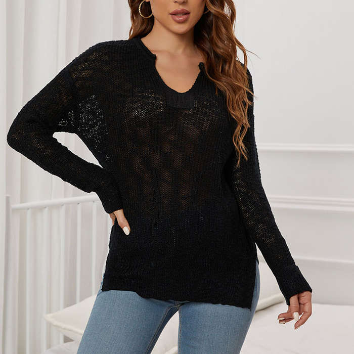 Fashion V Neckline Long Sleeves Knitted Pullover Sweater Cozy Loose Waist Daily Casual Top N21718
