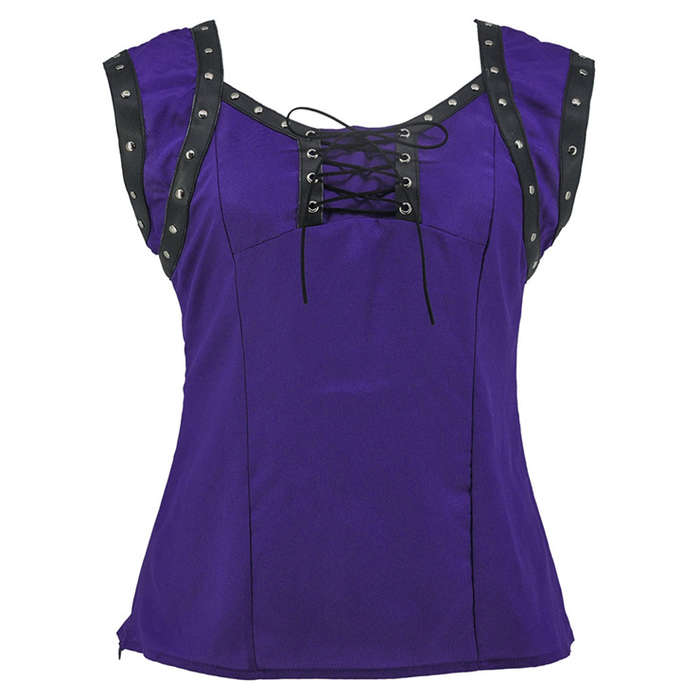 Gothic Style Rivet PU Leather Lace-up Short Sleeve Square Collar Crepe Blouse Top N18790
