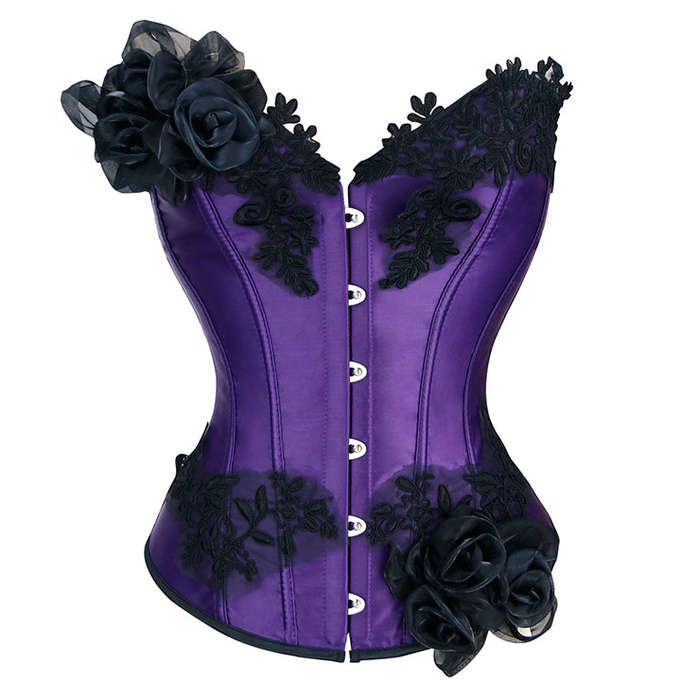 Fashion Purple Strapless Embroidered Lace Flowers Plastic Bone Overbust Corset N20245