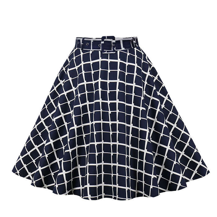 Retro Checkered Cotton High Waisted Belted A-line Flared Skirt N21509