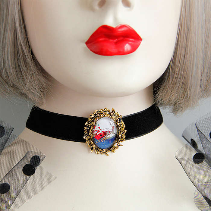 Retro Christmas Santa and Reindeer Badge Black Choker Necklace J18621