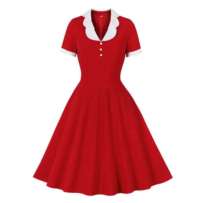 Vintage Lapel Short Sleeve Contrast Color Office Lady High Waist Cocktail Party Midi Dress N21836
