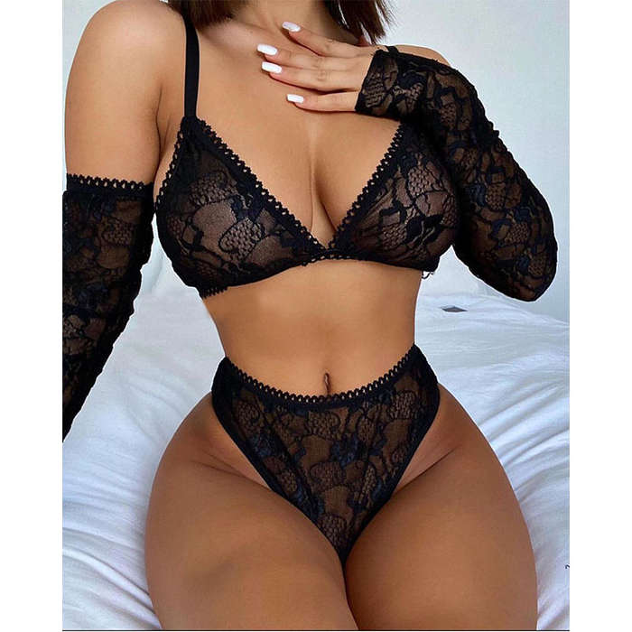 Exotic See-through Lace Bra and Panties Two-piece Underwear Lingerie with Gloves N21598