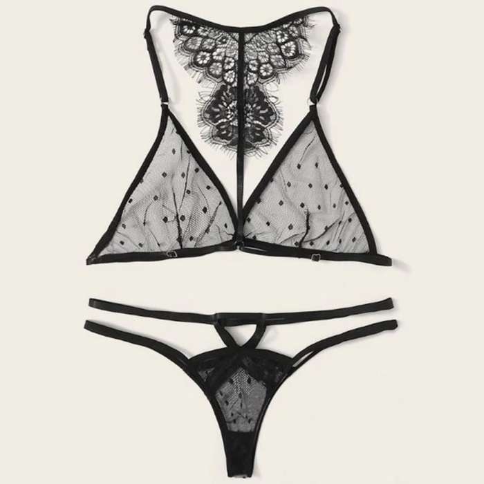 Sexy Black Sheer Mesh Polka Dots Halter Low Cut Back Lace Three-point Lingerie Set N20747