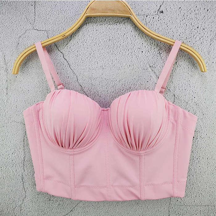 Sexy Pink Spaghetti Straps Pleated 3D Cup Bar Plastic Bone Bustier Clubwear Crop Top N21067