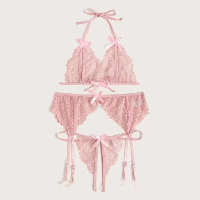 3Pcs Sexy Pink Sheer Floral Lace Halter Bowknot Bikini Lingerie Bra Thong Set With Garter N20714