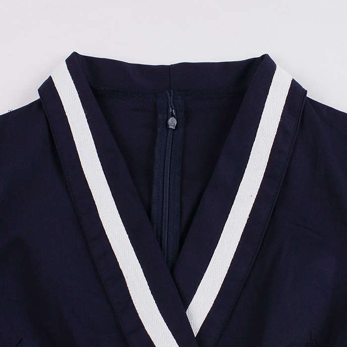 Vintage Dark-blue V-neck 7-point Sleeve High Waist Belt Midi A-line Dress N19411