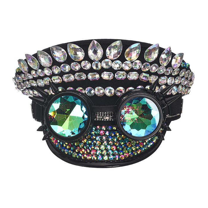 Steampunk Rhinestones and Rivets Police Cap Goggles Nightclub Army Cosplay Costume Hat J21623
