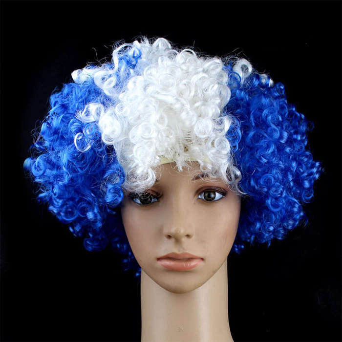Unisex Dark-blue White Explosion Head Curls Argentina Flag Carnival Cosplay Party Wig MS19643