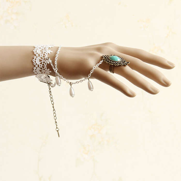 Vintage Floral Lace Wristband Beads Embellishment Bracelet with Ring J17828