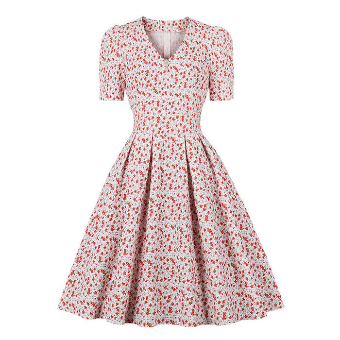 Vintage Floral Print V Neckline Short Sleeves High Waist Summer Tea Party A-line Dress N21721