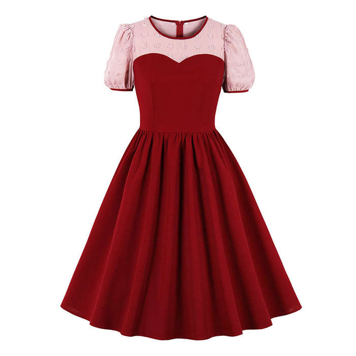 Vintage Round Neck Heart Bodice Puff Sleeves High Waist Elegant Cocktail Party A-line Dress N21499