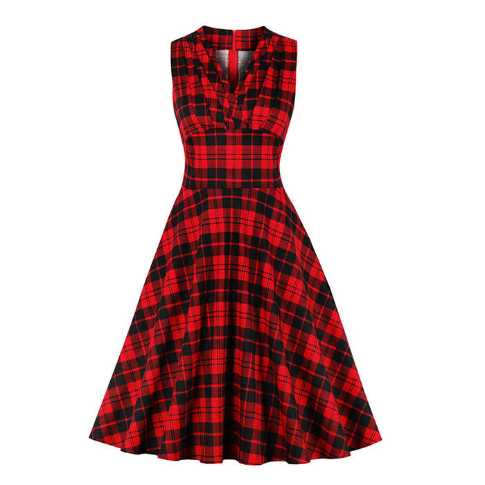 Retro Black And Red Checkered V Neck Sleeveless High Waist Party Swing Dress N20522