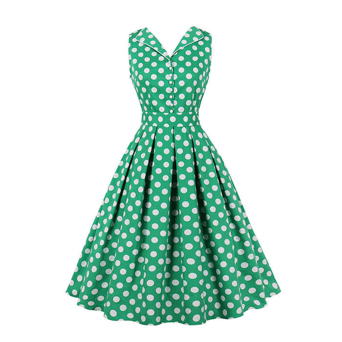 1950s Vintage Lapel and V Back Button Bodice Polka Dots Sleeveless Cocktail Swing Dress N22130