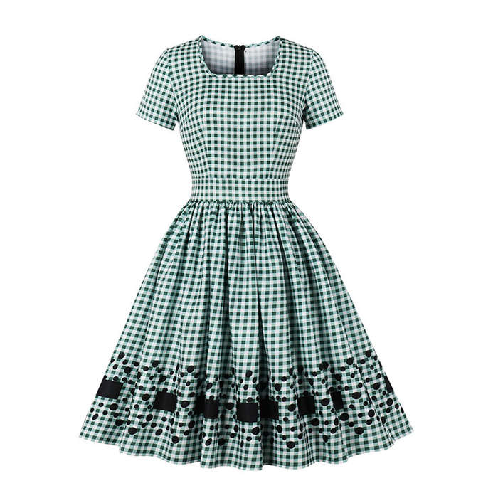 Vintage Square Neckline Short Sleeve Gingham Cotton High Waist Daily Casual A-line Dress N21585