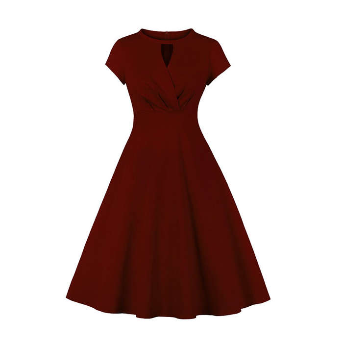 Vintage Round Neckline Front Cut-out Short Sleeve Solid Color High Waist Cocktail Midi Dress N21700