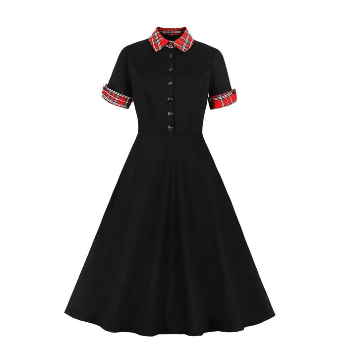 Vintage Color Contrast Turn-down Collar Front Button Short Sleeve Party Swing Dress N21354