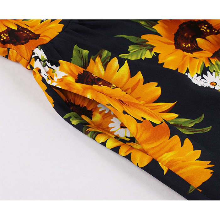 Vintage Sunflower Pattern Deep V-neck Short Sleeve Slim Waist A-Line Swing Dress N19978