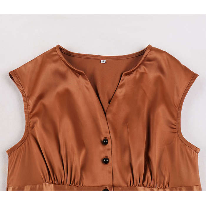 Vintage Rockabilly Glossy V Neckline Front Button Sleeveless High Waist Cocktail Swing Dress N22090