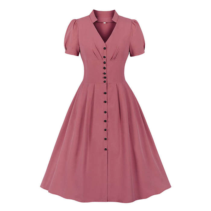 Vintage Solid Color V Neckline Front Button Short Sleeve Wide Waist Summer Daily Swing Dress N22121