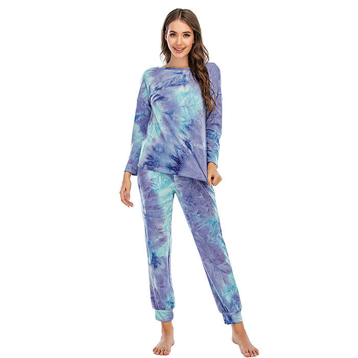 Casual Women's Tracksuit Tie-dye Gradient Print Long Sleeve Sleepwear Pants Sets N20630