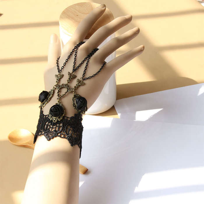 Victorian Gothic Black Floral Lace Wristband Black Roses Embellishment Bracelet J17869