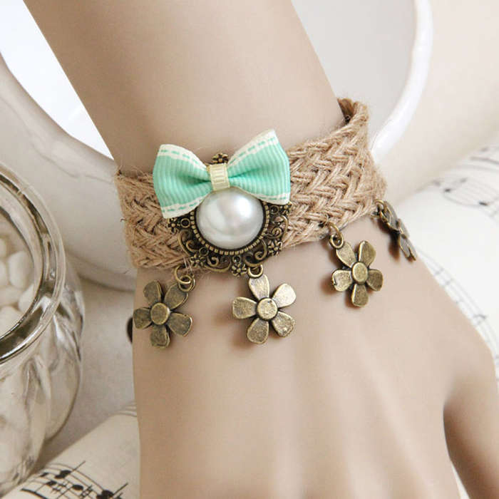 Vintage Braiding Wristband Bowknot Pearl Embellishment Bracelet J17895