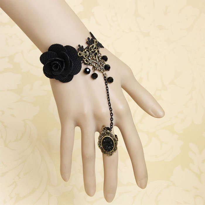 Victorian Gothic Black Lace Wristband Rose Embellished Bracelet with Ring J18063