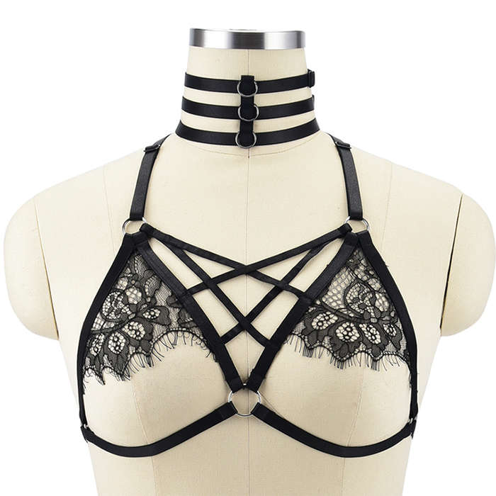 Sexy Spaghetti Straps Lingerie Black Bundle Elastic Lace Open Bra N18147