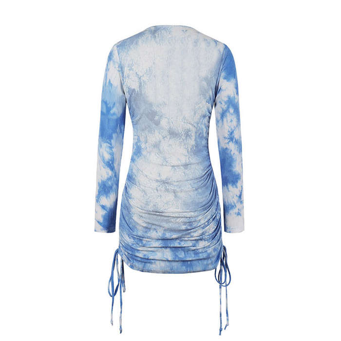 Sexy Tie-dye Print Round Neck Long Sleeve Drawstring Folds Package Hip Mini Dress N20789