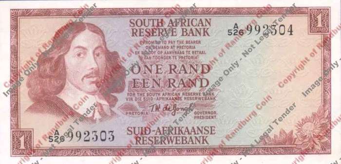 *#* TW de JONGH - 1st Issue - 1 Rand 1967 - Eng/Afr - EF+ - Brown marks in top border *#*
