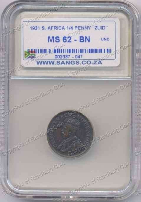 *#* 1931 ZUID AFRIKA QUARTER PENNYSANGS GRADED MS 62 BN *#*