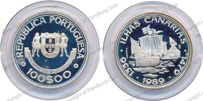 *#* Portugal 1989 Discovery of the Canary Islands Silver Proof 100 Escudos (Stg-21.0gr) *#*
