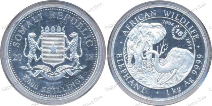 *#* Somali 2018 - 1kg Pure Silver - 2000 Shillings - African Elephant *#*