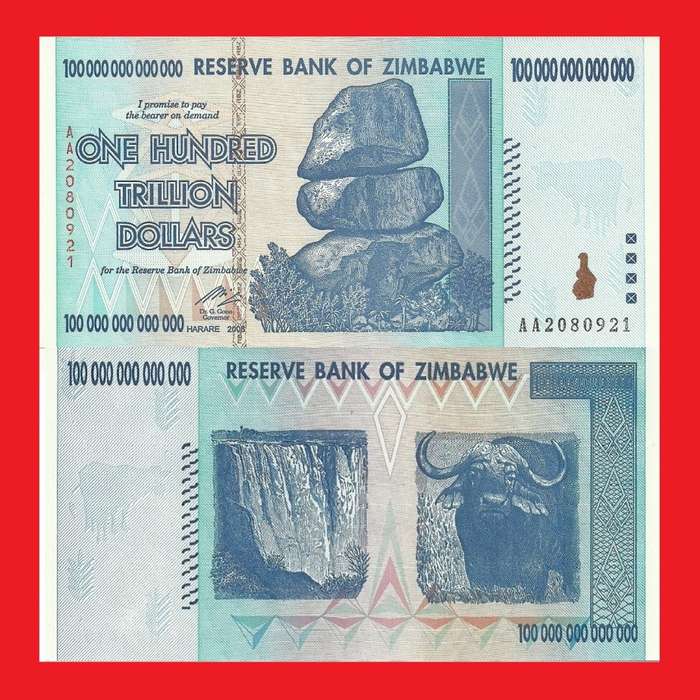 ZIMBABWE 100 Trillion Dollar Banknote AA Series Single Note