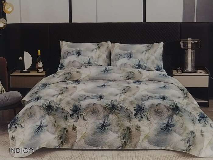 3PC Ultra Printed Indigo Queen Size Quilt Set
