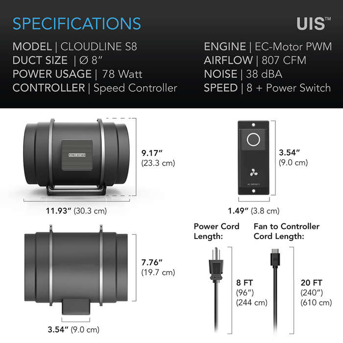 AC INFINITY CLOUDLINE S8, QUIET INLINE DUCT FAN SYSTEM WITH SPEED CONTROLLER, 8-INCH