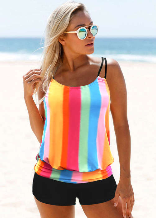 Spaghetti Strap Rainbow Stripe Tankini Set