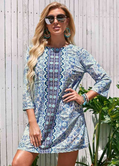 Round Neck Printed 3/4 Sleeve Cover Up