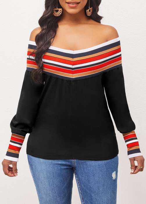 Off Shoulder Stripe Black Long Sleeve Blouse