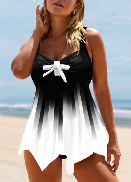 Color Block Bowknot Asymmetric Hem Swimdress Set