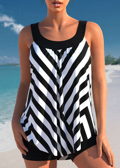 Black Contrast Stripe Print Tankini Set