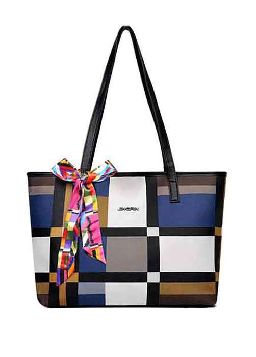 Plaid Ribbon Detail Color Block Tote Bag
