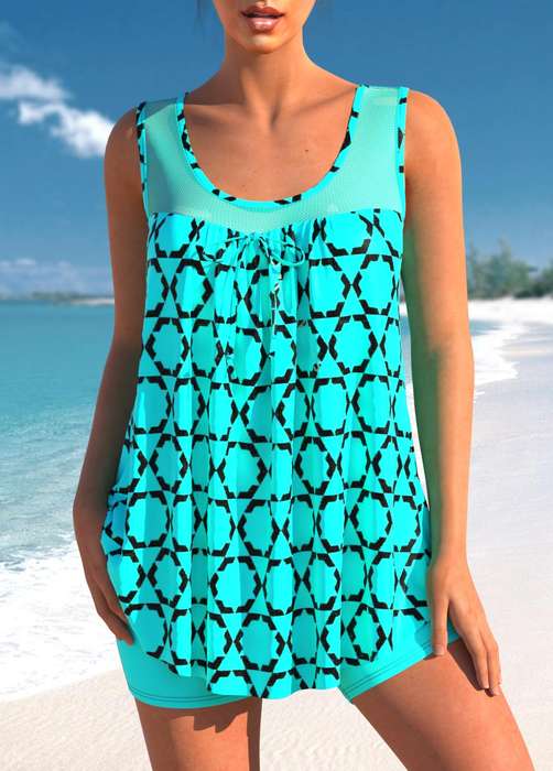 Geometric Print Fishnet Panel Cyan Tankini Set