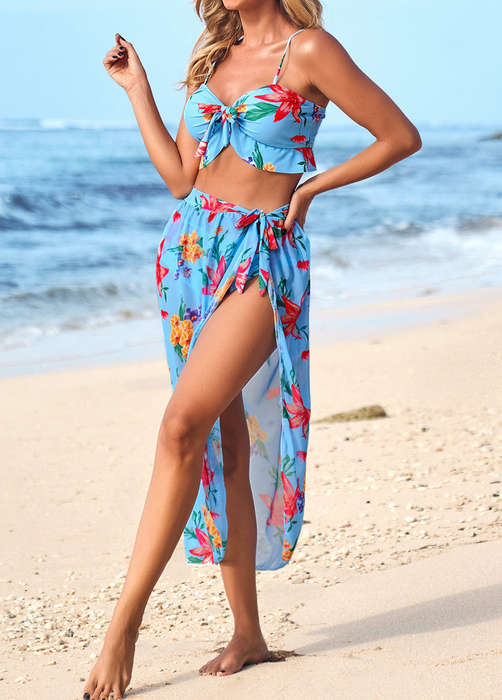 Ruffle Light Blue Floral Print Bikini Sets