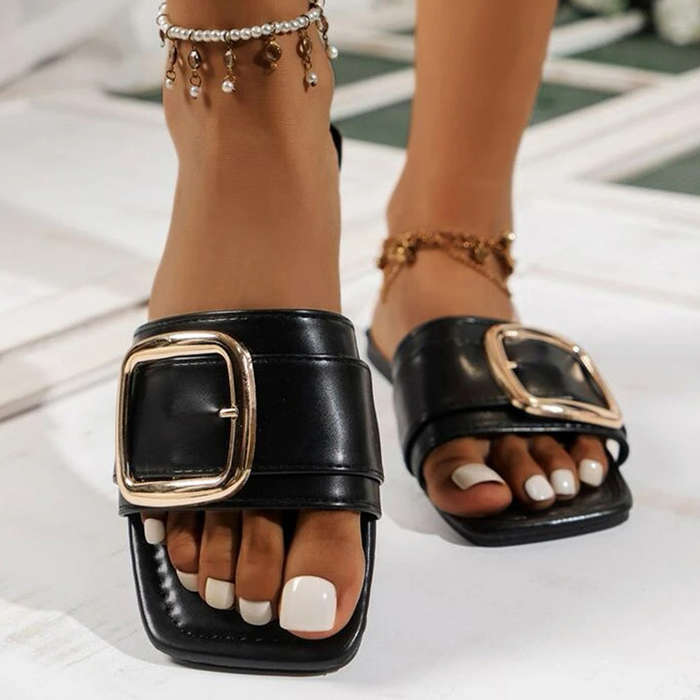 Black Metal Detail Falt Open Toe Sliders