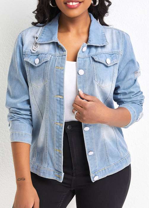 Pocket Light Blue Shirt Collar Long Sleeve Jacket