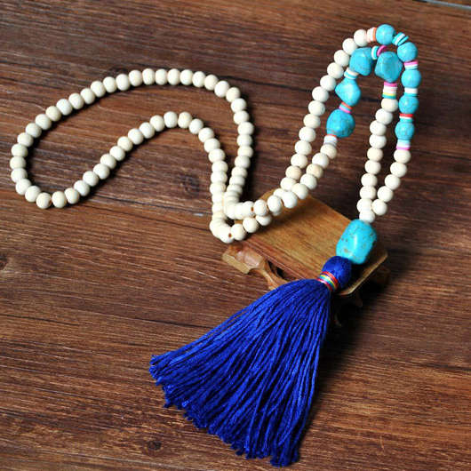 Round Wood Tassel Royal Blue Necklace