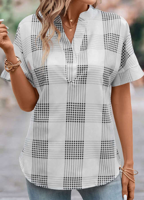Split Plaid Grey Short Sleeve Blouse